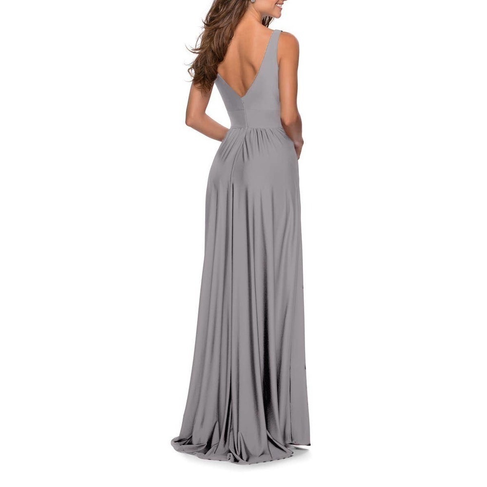 LA FEMME Women's Gray Plunge Neck A-Line Gown Size 6 NWT - Picture 2 of 10
